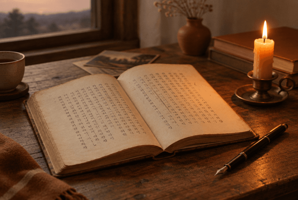 A book resting on a wooden desk, lit by candlelight